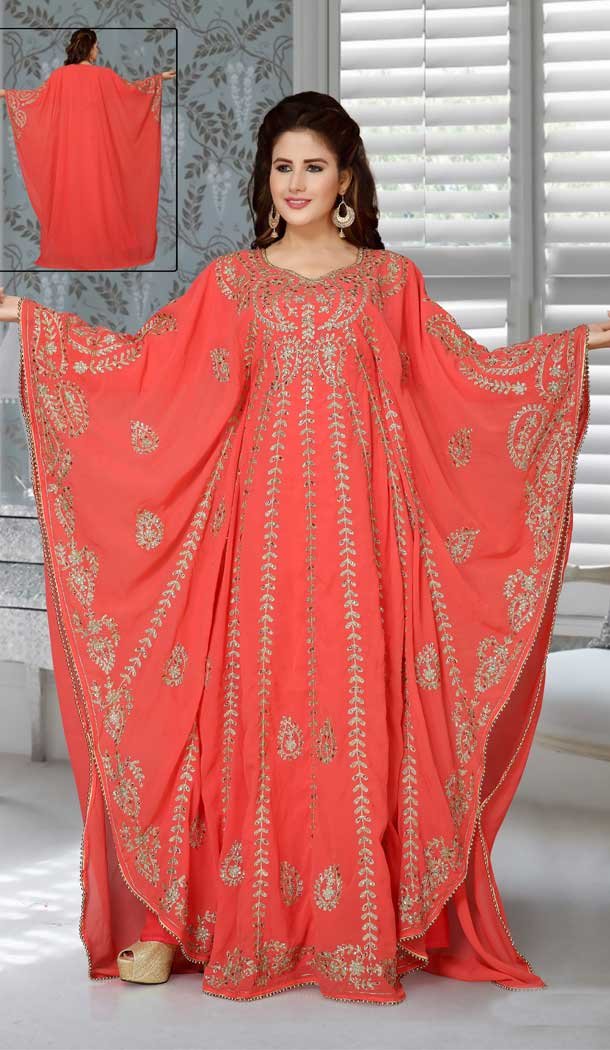 Orange Color Fox Georgette Embroidered Work Party Wear Designer Kaftan -5526162705