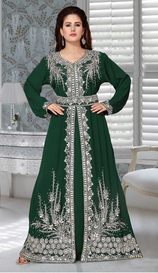 Green Color Fox Georgette Embroidered Work Party Wear Designer Kaftan -5526162707