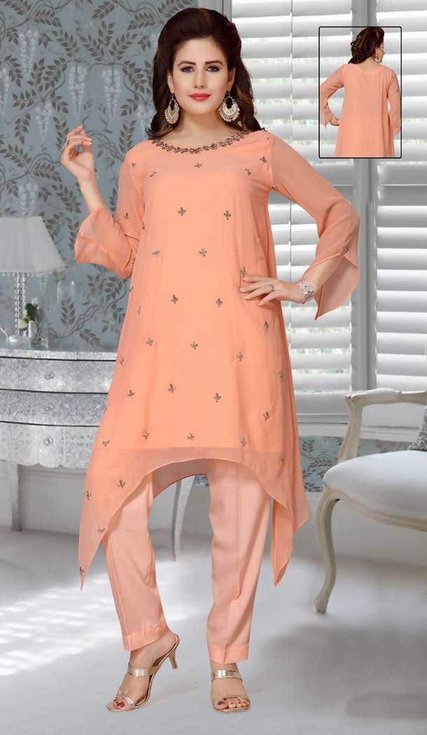 Peach Color Fox Georgette Embroidered Work Party Wear Designer Dresses -5527162725