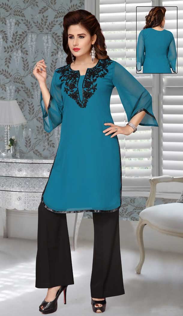 Teal Blue Color Fox Georgette Embroidered Work Party Wear Designer Dresses -5527162730