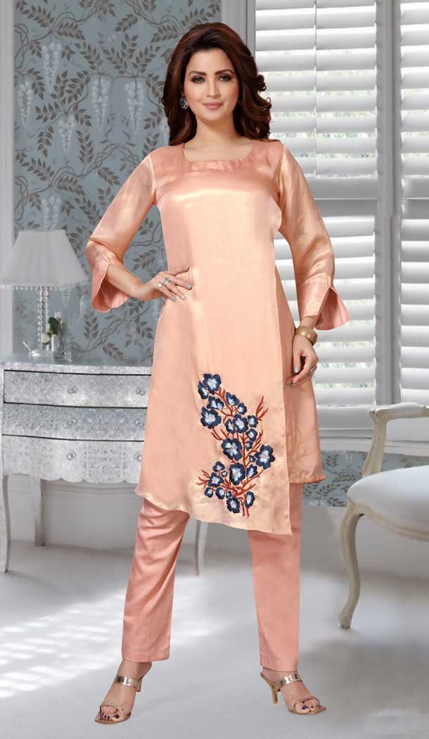 Fox Georgette Peach Color Embroidered Work Party Wear Designer Dresses -5527162734