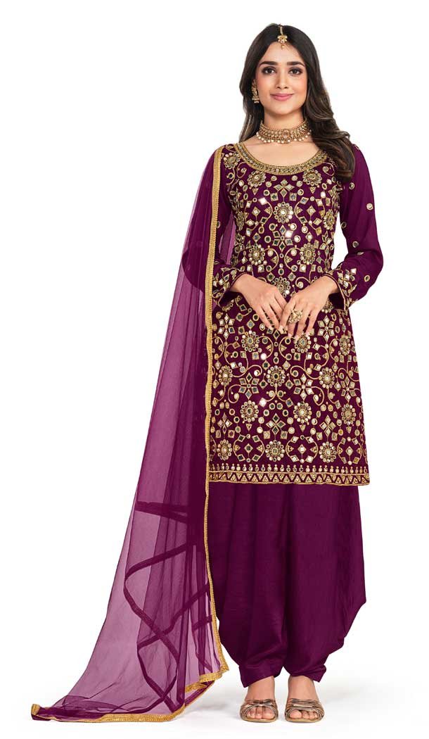 Party Wear Purple Color Art Silk Mirror Work Patiala Style Salwar Suit -5537162850