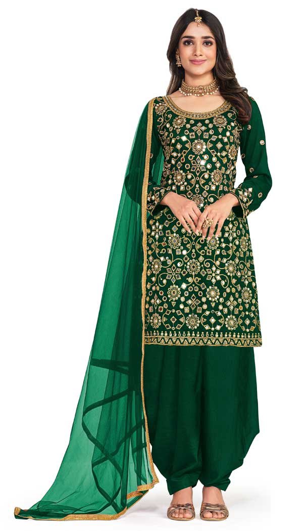 Party Wear Green Color Art Silk Mirror Work Patiala Style Salwar Suit -5537162851