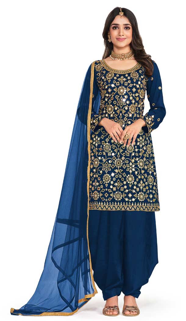 Party Wear Navy Blue Color Art Silk Mirror Work Patiala Style Salwar Suit -5537162852