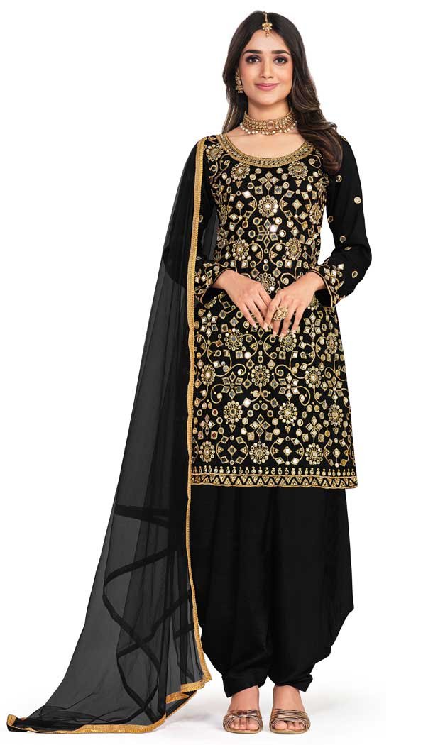 Party Wear Black Color Art Silk Mirror Work Patiala Style Salwar Suit -5537162853