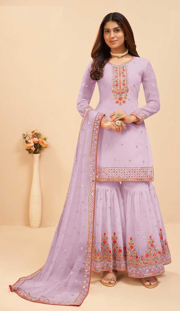 Lavender Color Fox Georgette Embroidery Work Party Wear Sharara Salwar Suit -5569163044