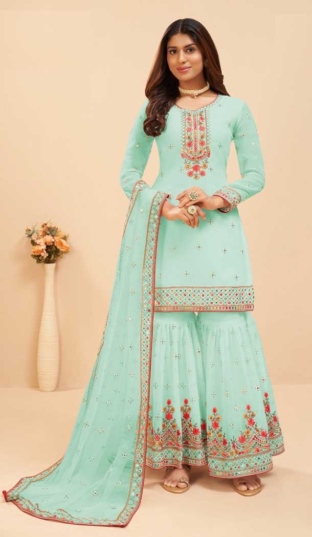 Sky Color Fox Georgette Embroidery Work Party Wear Sharara Salwar Suit -5569163045