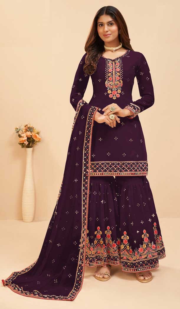 Wine Color Fox Georgette Embroidery Work Party Wear Sharara Salwar Suit -5569163048