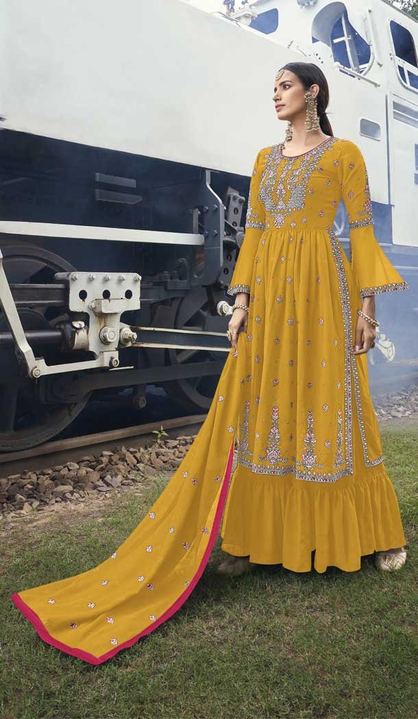 Yellow Color Georgette Zari Embroidery Work Designer Sharara Salwar Suit -5744164336