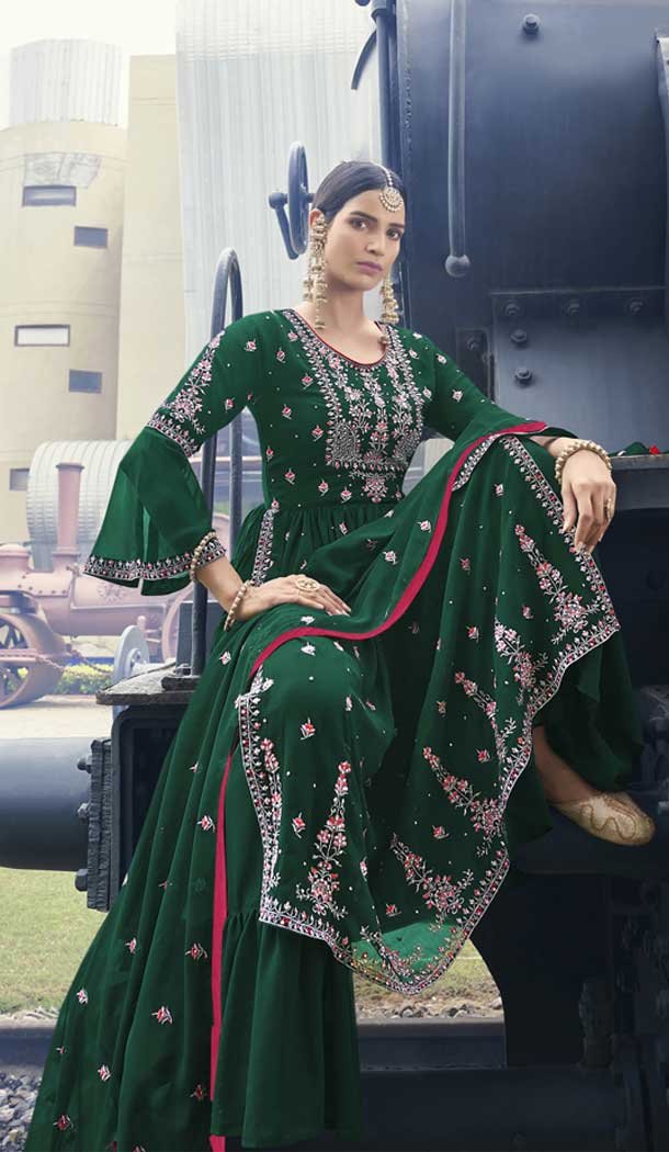 Green Color Georgette Zari Embroidery Work Designer Sharara Salwar Suit -5744164337