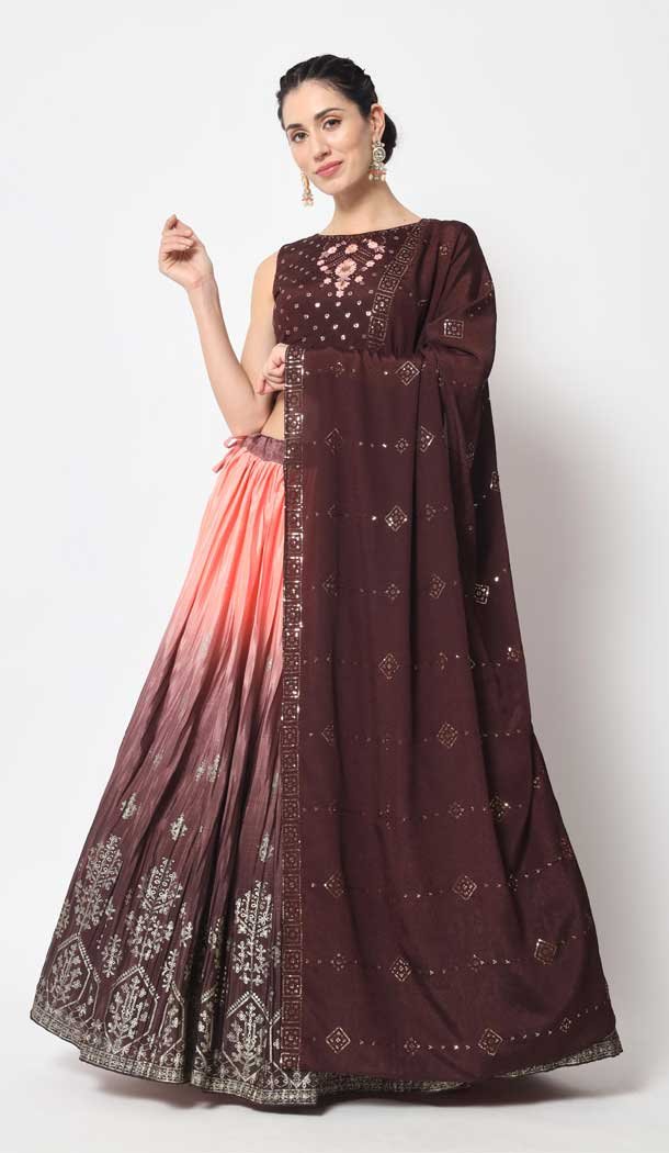 Brown Color Chinon Silk Embroidery Work Designer Women Lehenga Choli – 5759164427