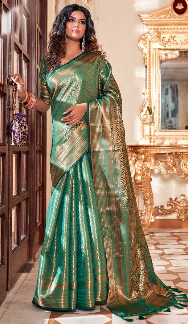 Green Color Soft Silk Kanjivaram Jacquard Work Casual Party Wear Saree -5763164458