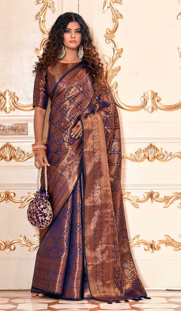 Navy Blue Color Soft Silk Kanjivaram Jacquard Work Casual Party Wear Saree -5763164459