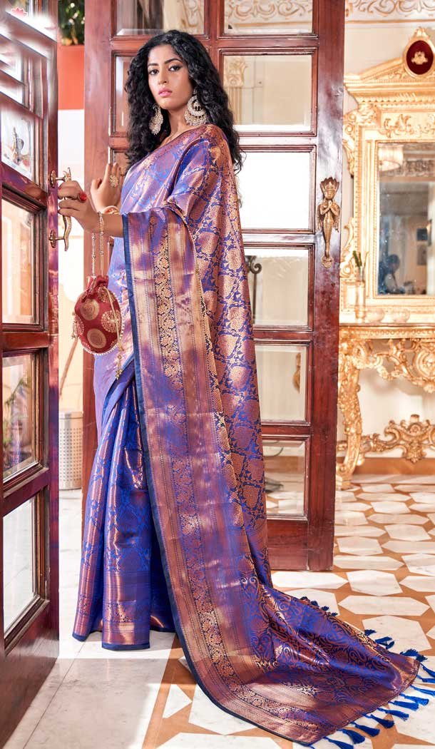 Royal Blue Color Soft Silk Kanjivaram Jacquard Work Casual Party Wear Saree -5763164460