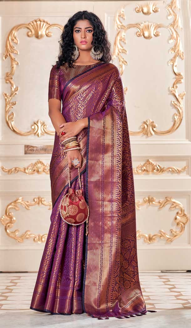 Wine Color Soft Silk Kanjivaram Jacquard Work Casual Party Wear Saree -5763164461