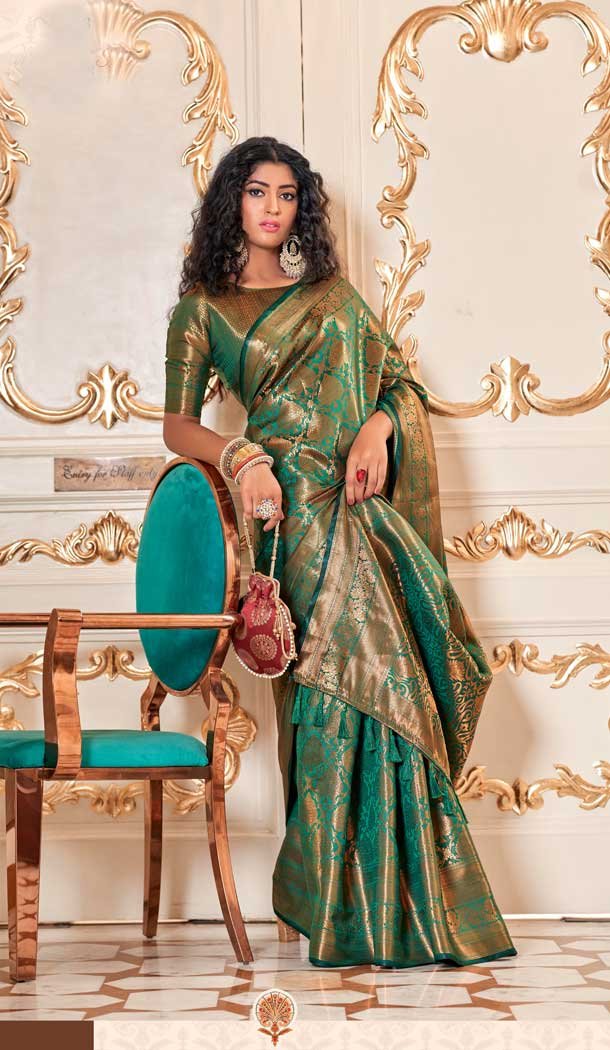 Teal Green Color Soft Silk Kanjivaram Jacquard Work Casual Party Wear Saree -5763164462