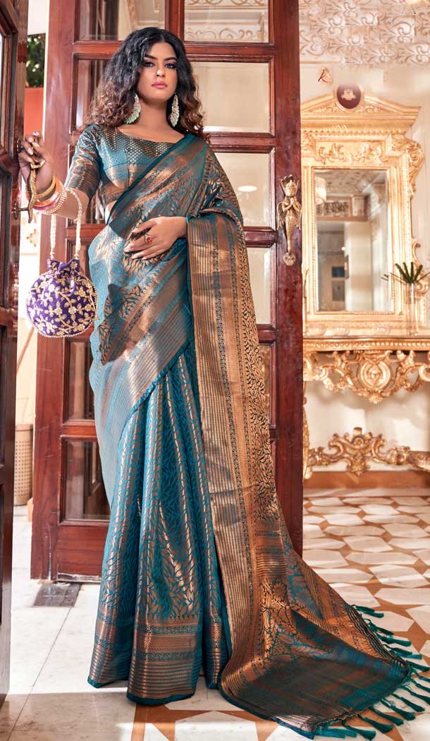 Firozi Color Soft Silk Kanjivaram Jacquard Work Casual Party Wear Saree -5763164463