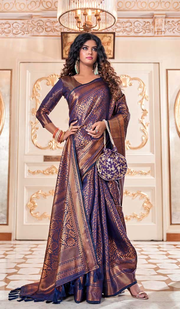 Soft Silk Kanjivaram Blue Color Jacquard Work Casual Party Wear Saree -5763164464