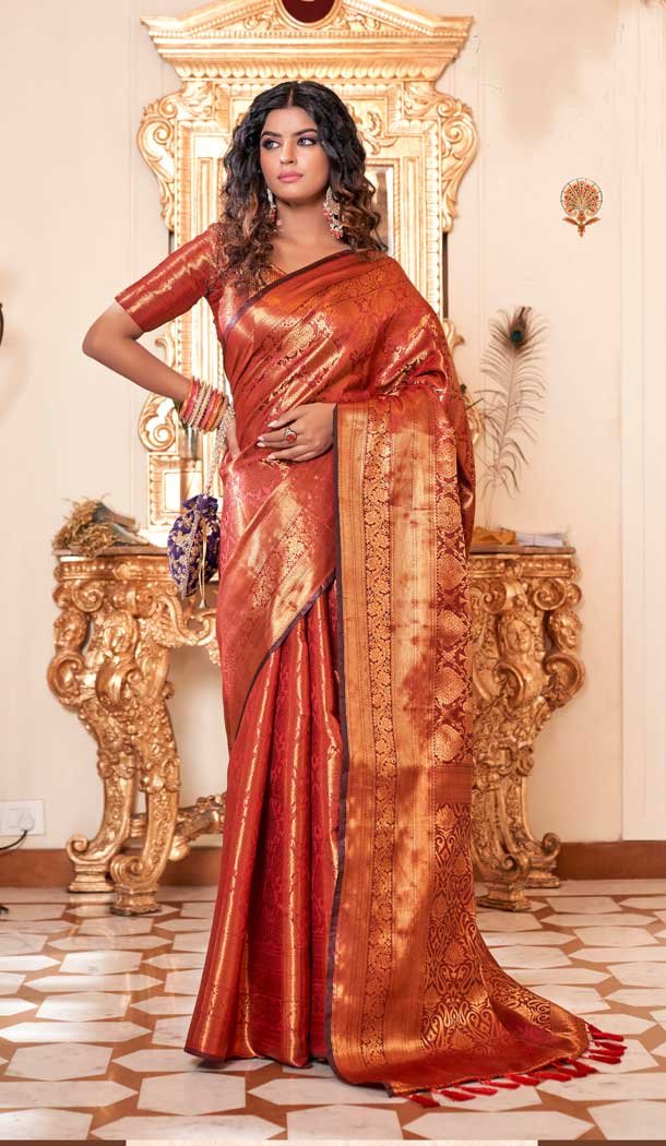 Orange Color Soft Silk Kanjivaram Jacquard Work Casual Party Wear Saree -5763164465