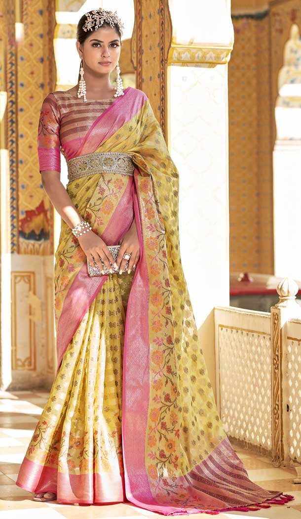 Light Yellow Color Organza Jacquard Work Party Wear Designer Saree -5764164468