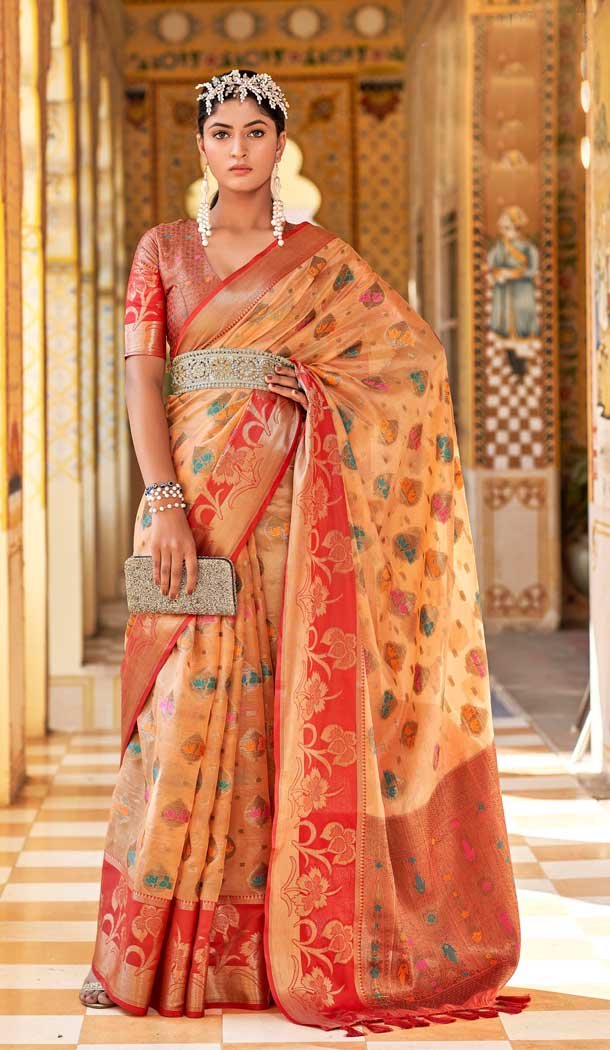 Peach Color Organza Jacquard Work Party Wear Designer Saree -5764164469