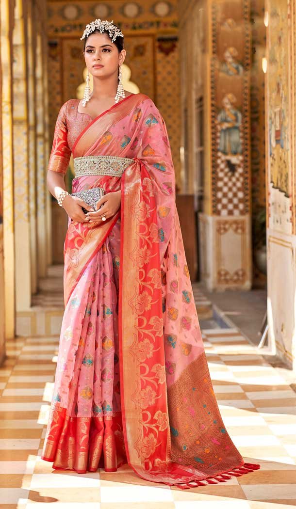 Pink Color Organza Jacquard Work Party Wear Designer Saree -5764164470