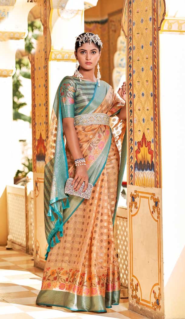 Light Peach Color Organza Jacquard Work Party Wear Designer Saree -5764164471