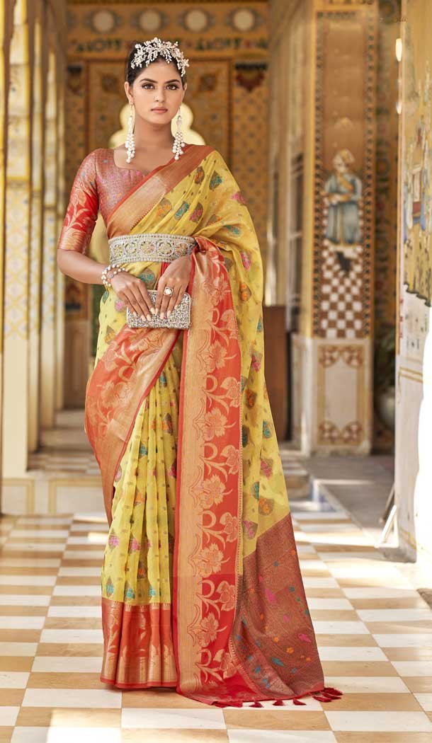 Yellow Color Organza Jacquard Work Party Wear Designer Saree -5764164472