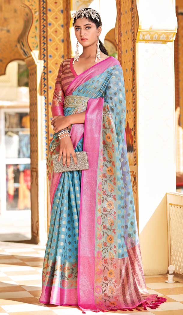 Sky Blue Color Organza Jacquard Work Party Wear Designer Saree -5764164474