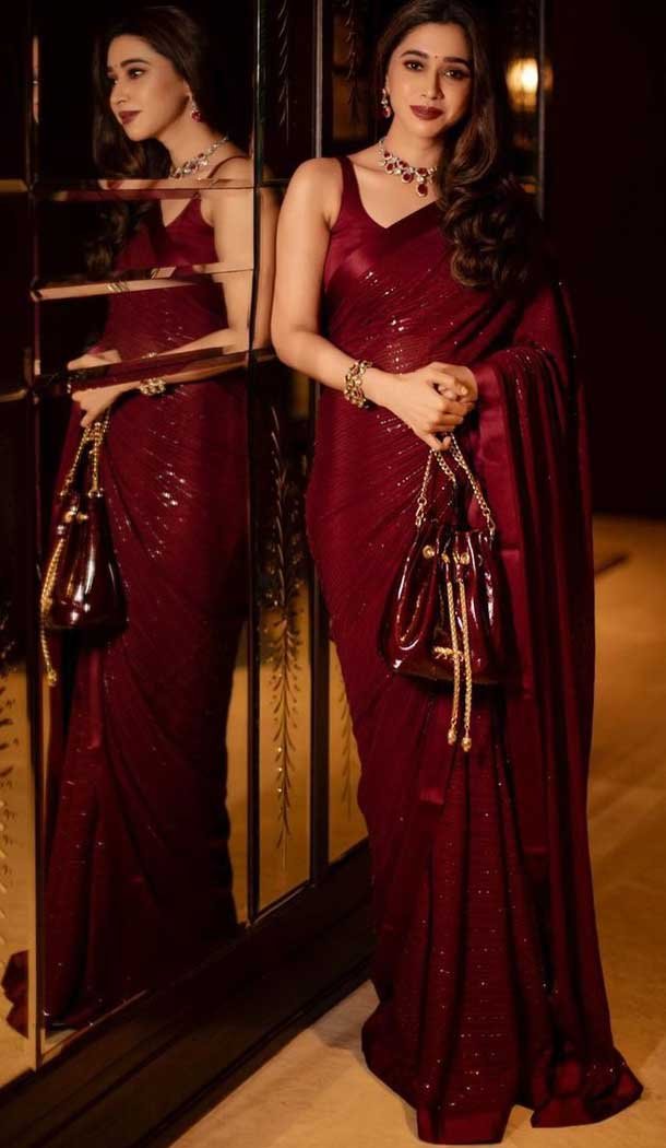 Party Wear Maroon Color Heavy Georgette Sequence Work Party Saree -5783164576