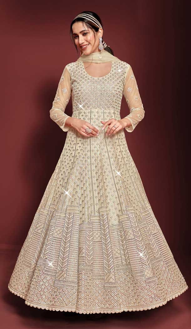 Cream Color Butterfly Net Embroidery Designer Salwar Kameez -5834164935