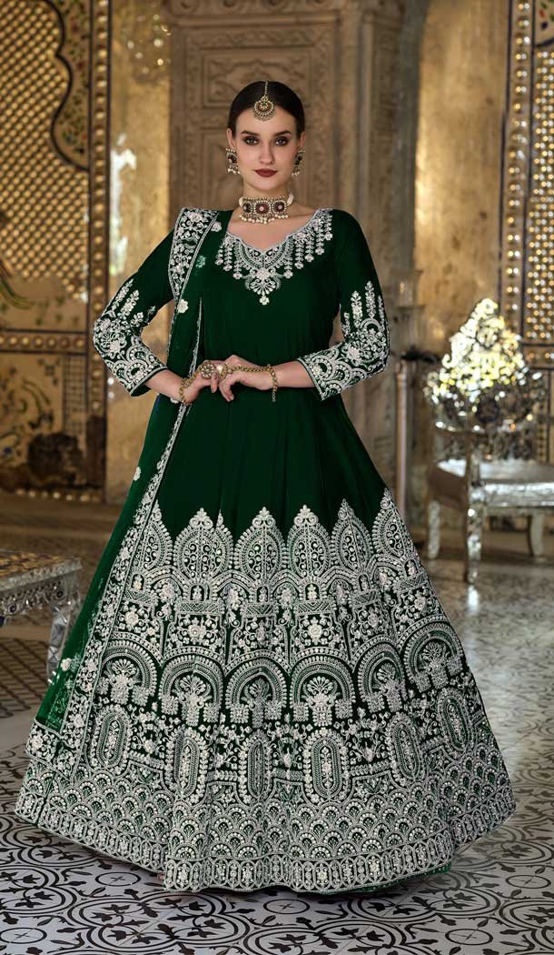 Green Color Velvet Sequins And Zari Work Wedding Wear Designer Salwar Suit -5858165081