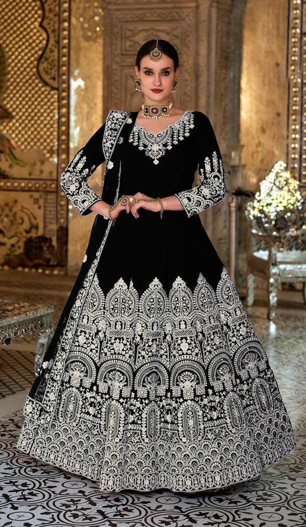 Black Color Velvet Sequins And Zari Work Wedding Wear Designer Salwar Suit -5858165083