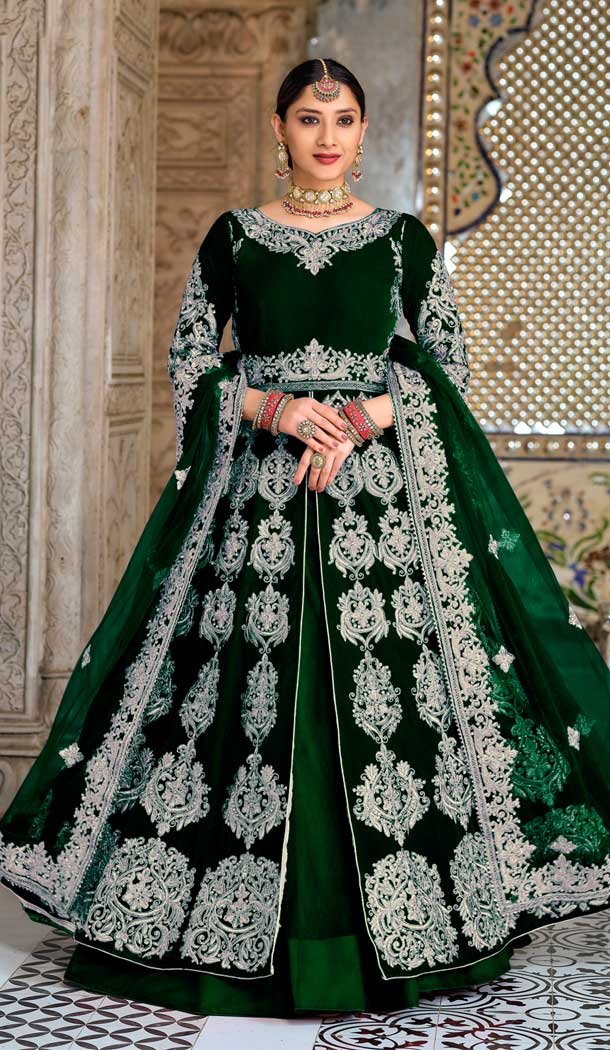 Green Color Velvet Embroidery Work Wedding Wear Designer Salwar Suit -5858165085