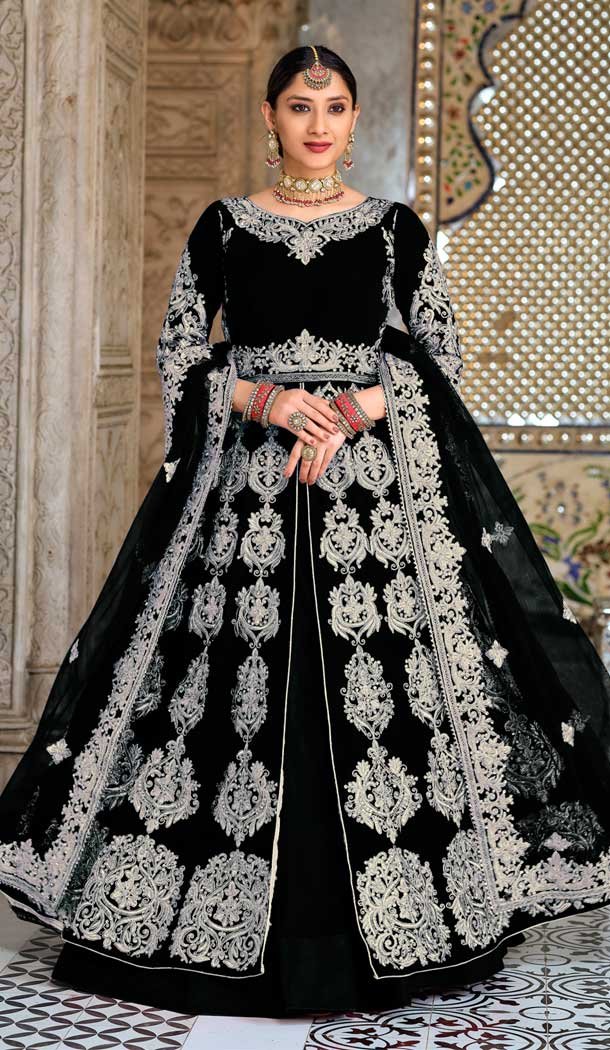 Black Color Velvet Embroidery Work Wedding Wear Designer Salwar Suit -5858165087