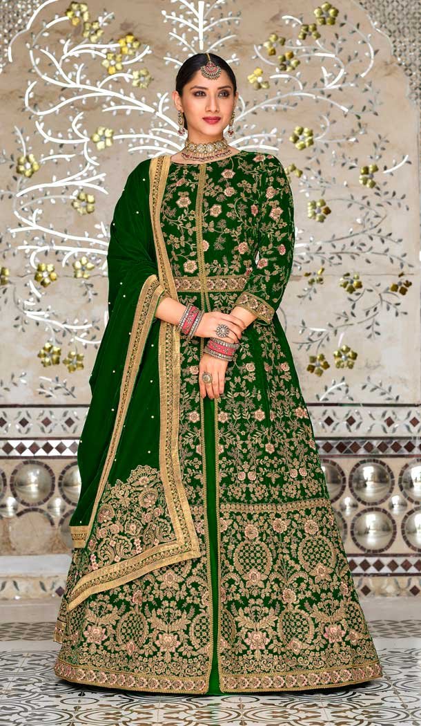 Wedding Wear Green Color Velvet Embroidery Work Designer Salwar Suit -5858165089