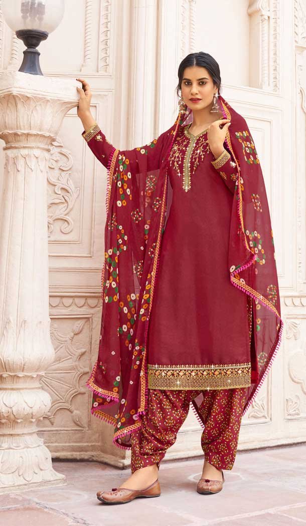 Maroon Color French Crepe Embroidery Work Festival Wear Patiala Salwar Suit -5893165362