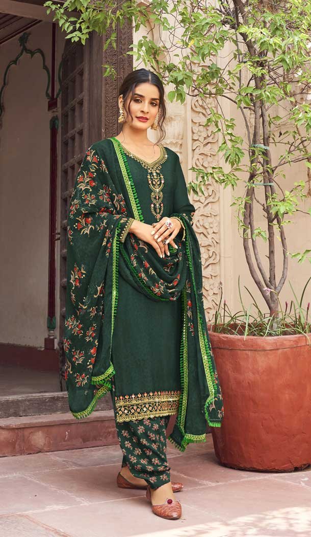 Green Color French Crepe Embroidery Work Festival Wear Patiala Salwar Suit -5893165363