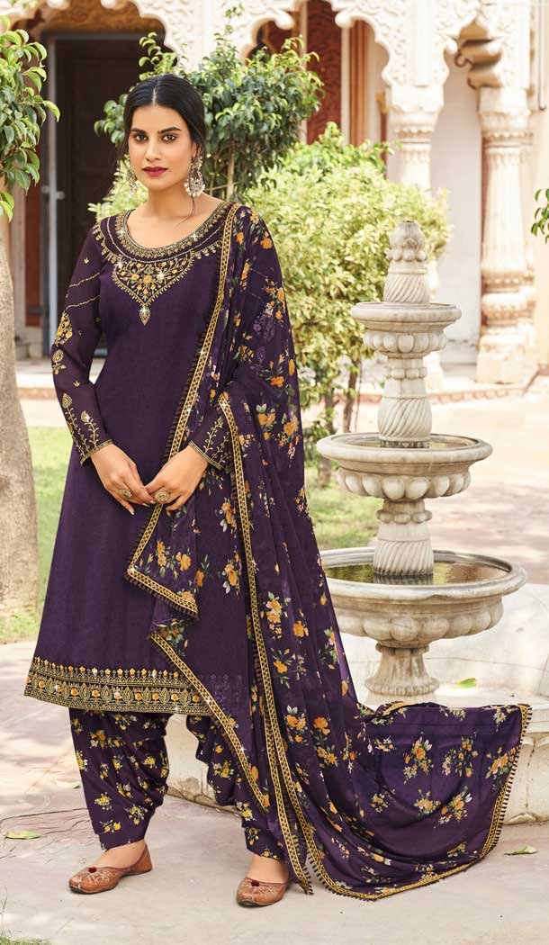 Wine Color French Crepe Embroidery Work Festival Wear Patiala Salwar Suit -5893165365