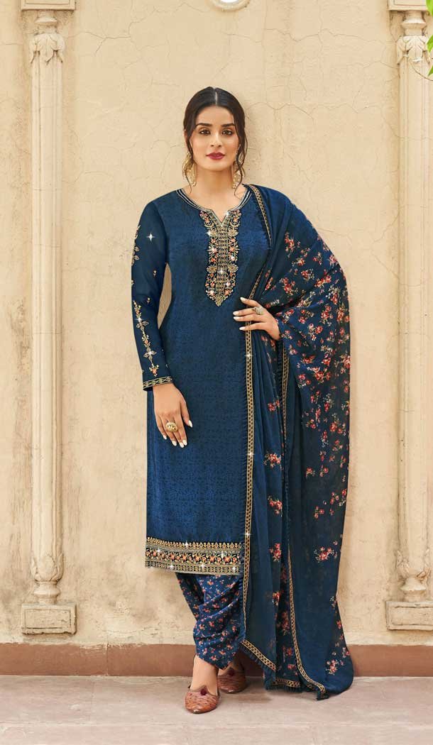 Teal Color French Crepe Embroidery Work Festival Wear Patiala Salwar Suit -5893165367