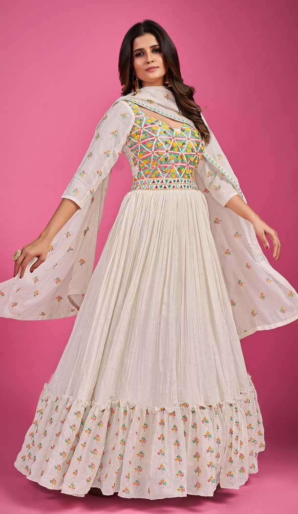 White Color Chinon Silk Sequins Work Wedding Wear Designer Salwar Kameez -5912165461