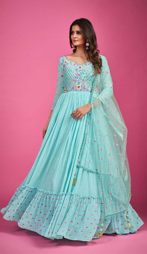 Sky Blue Color Chinon Silk Sequins Work Wedding Wear Designer Salwar Kameez -5912165464