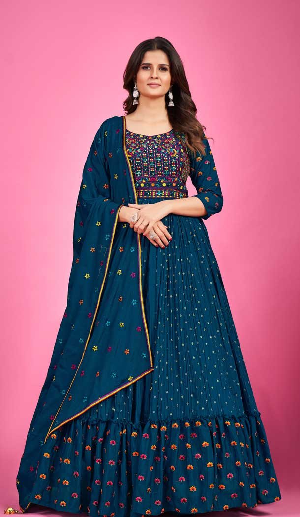 Navy Blue Color Chinon Silk Sequins Work Wedding Wear Designer Salwar Kameez -5912165467