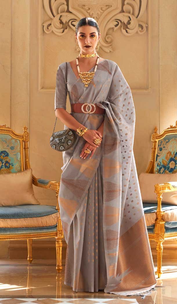 Grey Color Tissue Zari Handloom Weaving Work Party Wear Saree -5922165535