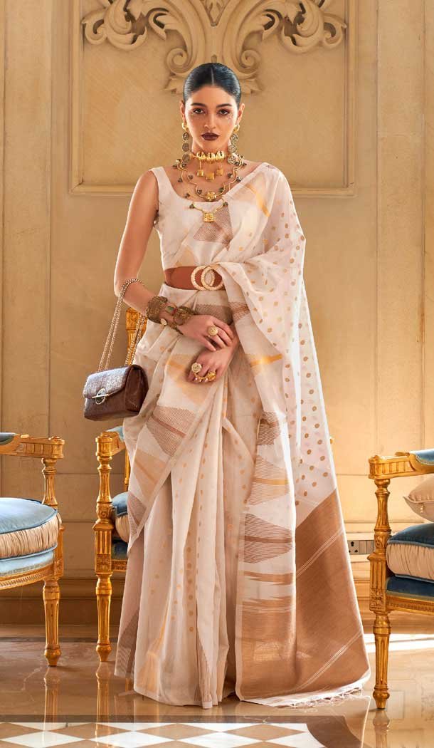 Off White Color Tissue Zari Handloom Weaving Work Party Wear Saree -5922165536