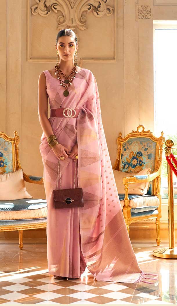 Tissue Zari Khicha Pink Color Handloom Weaving Work Party Wear Designer Saree -5922165537