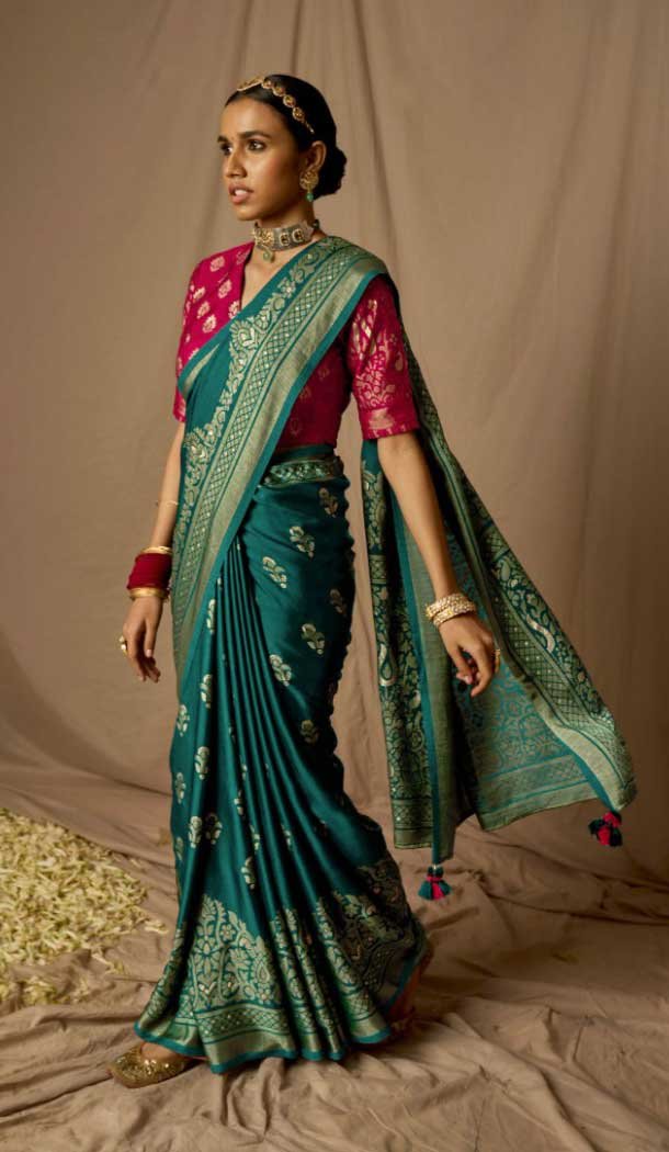 Teal Blue Color Brasso Resham And Zari Work Festival Wear Saree -5971166006