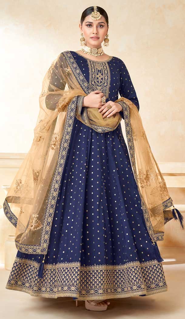 Navy Blue Color Taffeta Butti Embroidery Work Anarkali Style Salwar Suit -5972166009