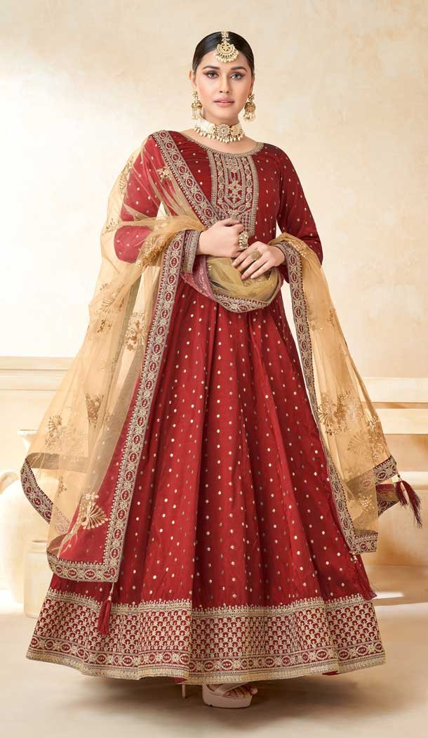 Maroon Color Taffeta Butti Embroidery Work Anarkali Style Salwar Suit -5972166010