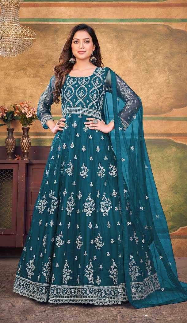 Teal Blue Color Net Embroidery Work Party Wear Anarkali Salwar Suit -6001166194